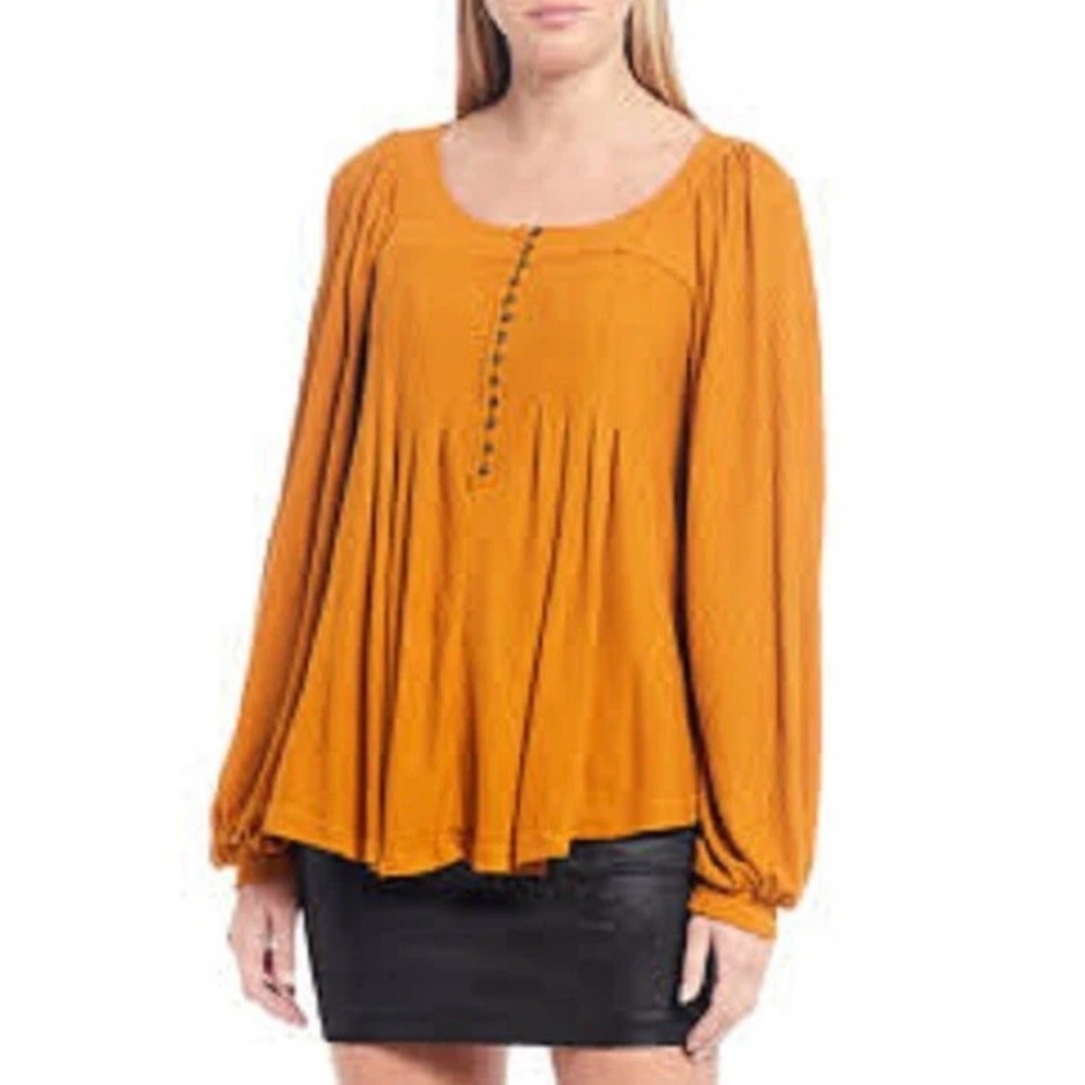 Free People Burnt Orange Pointelle Knit Balloon Sleeve Boho Babydoll Top Medium